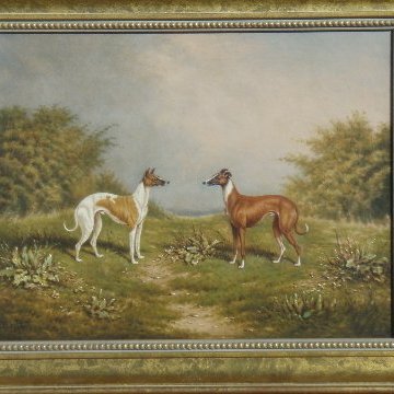 Az első két whippet champion, Zuber (balra) és fia, Enterprise. William Eddowes Turner olajfestménye, 1892 (forrás americanwhippetclub.net)